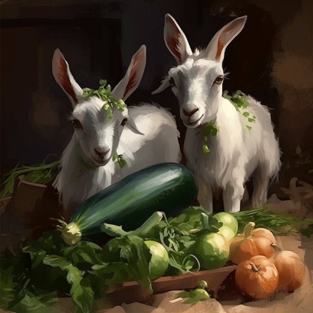 Goats eating assorted fruits and vegetables