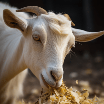 Goats eating potatoes outdoors