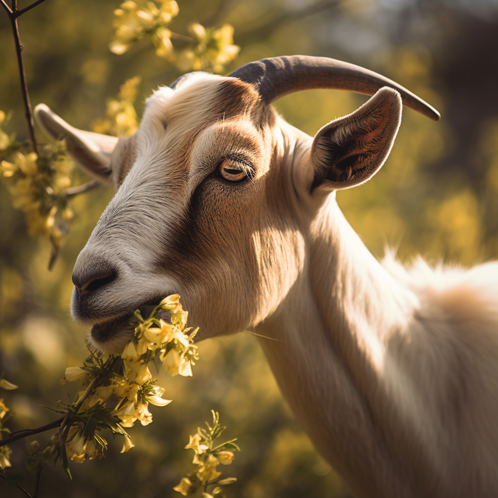 The goat eating a honeysuckle flowers